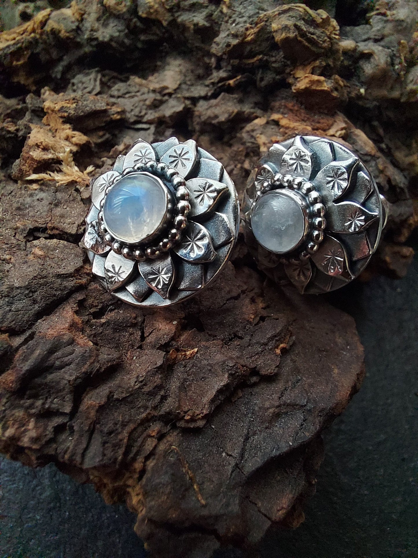 Silver Lotus post earrings  with moonstone Gemstone, handmade lotus earrings with gemstone