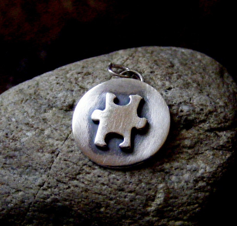Silver Pendant Autism Awareness Jigsaw piece with trace chain