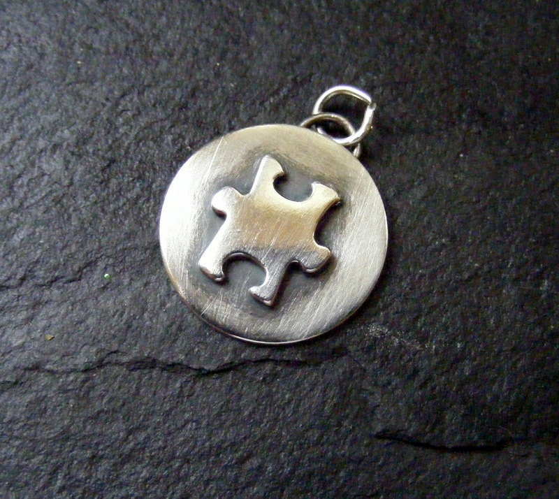 Silver Pendant Autism Awareness Jigsaw piece with trace chain