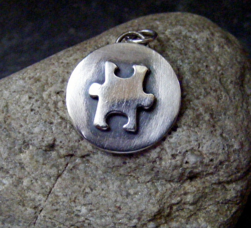 Silver Pendant Autism Awareness Jigsaw piece with trace chain