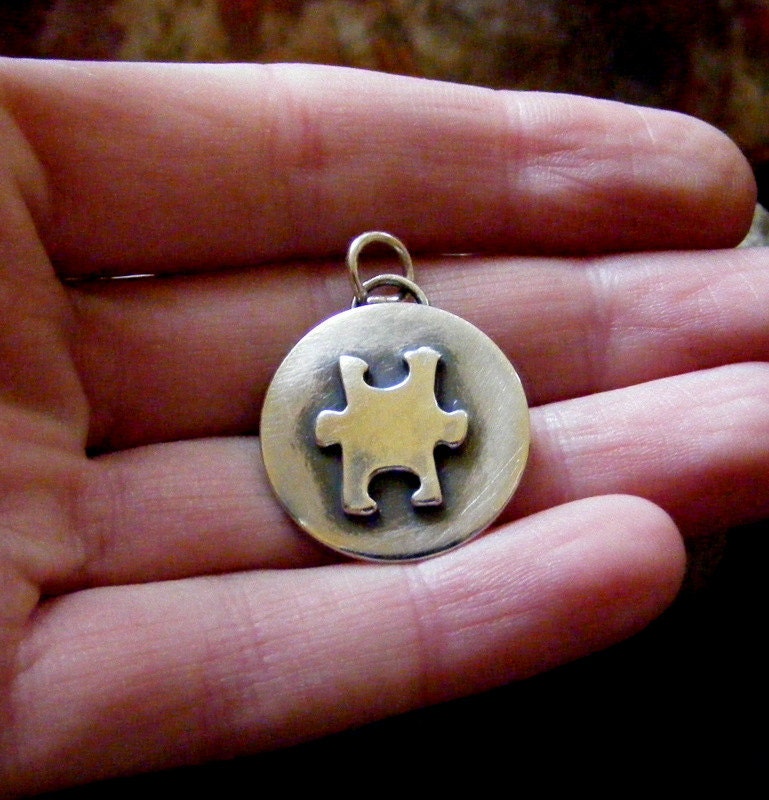 Silver Pendant Autism Awareness Jigsaw piece with trace chain