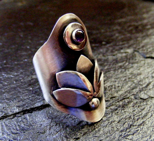 Silver Statement ring gemstone Lotus Flower ring with Amethyst ,Silver wide band gemstone Ring, Silver Cocktail Ring with precious stone