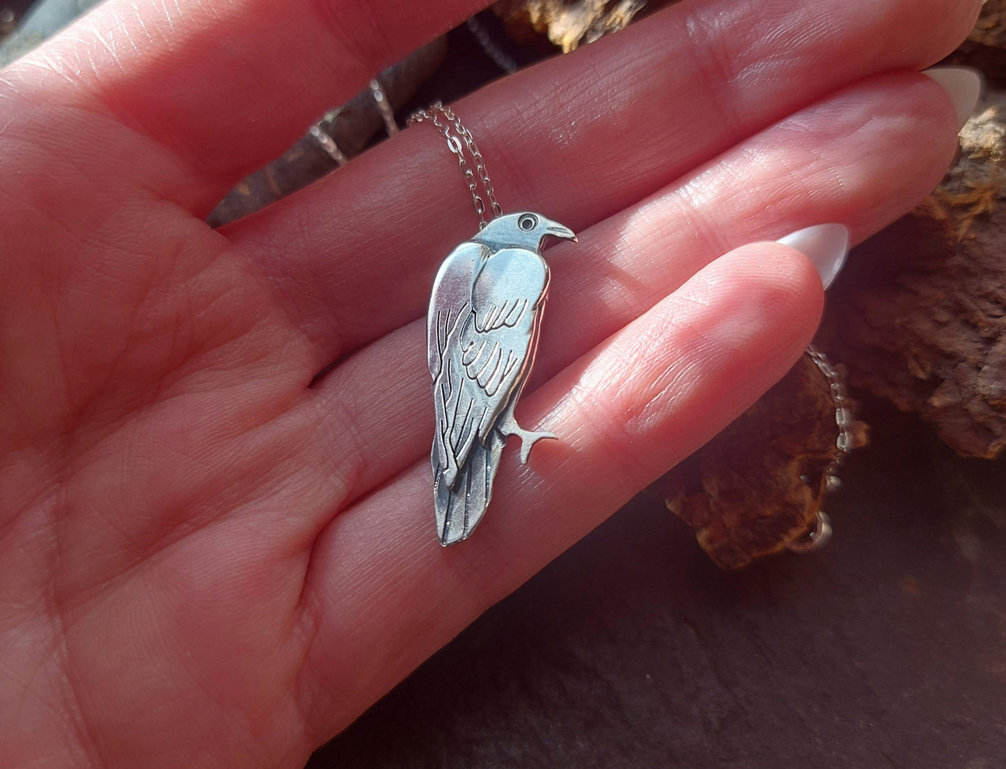 Silver small raven / crow necklace, sterling  bird necklace with sawn and stamped details