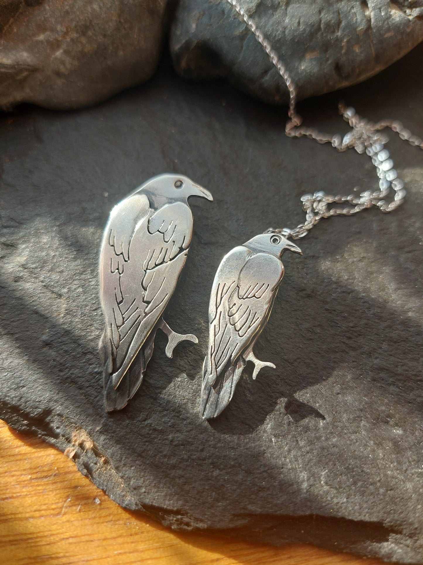 Silver small raven / crow necklace, sterling  bird necklace with sawn and stamped details