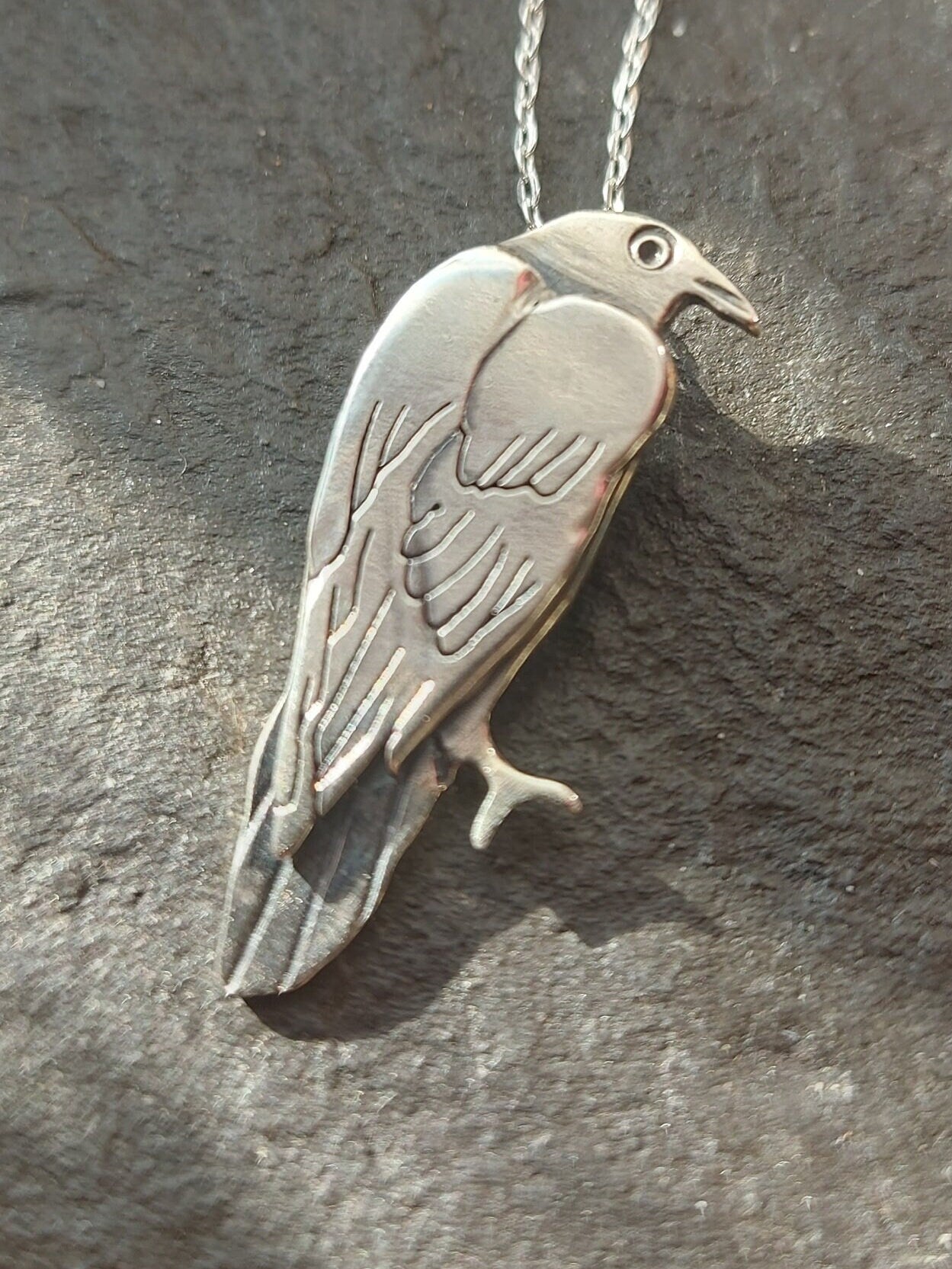 Silver small raven / crow necklace, sterling  bird necklace with sawn and stamped details