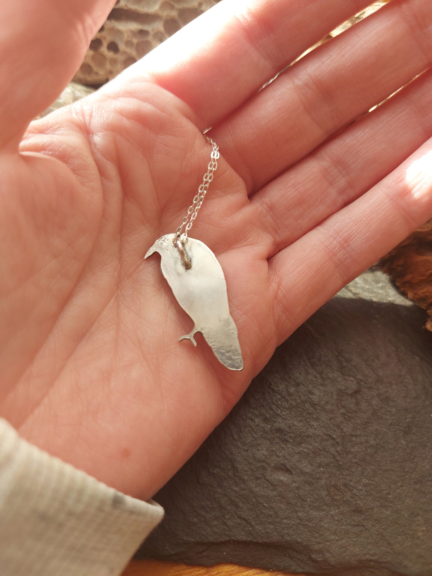 Silver small raven / crow necklace, sterling  bird necklace with sawn and stamped details