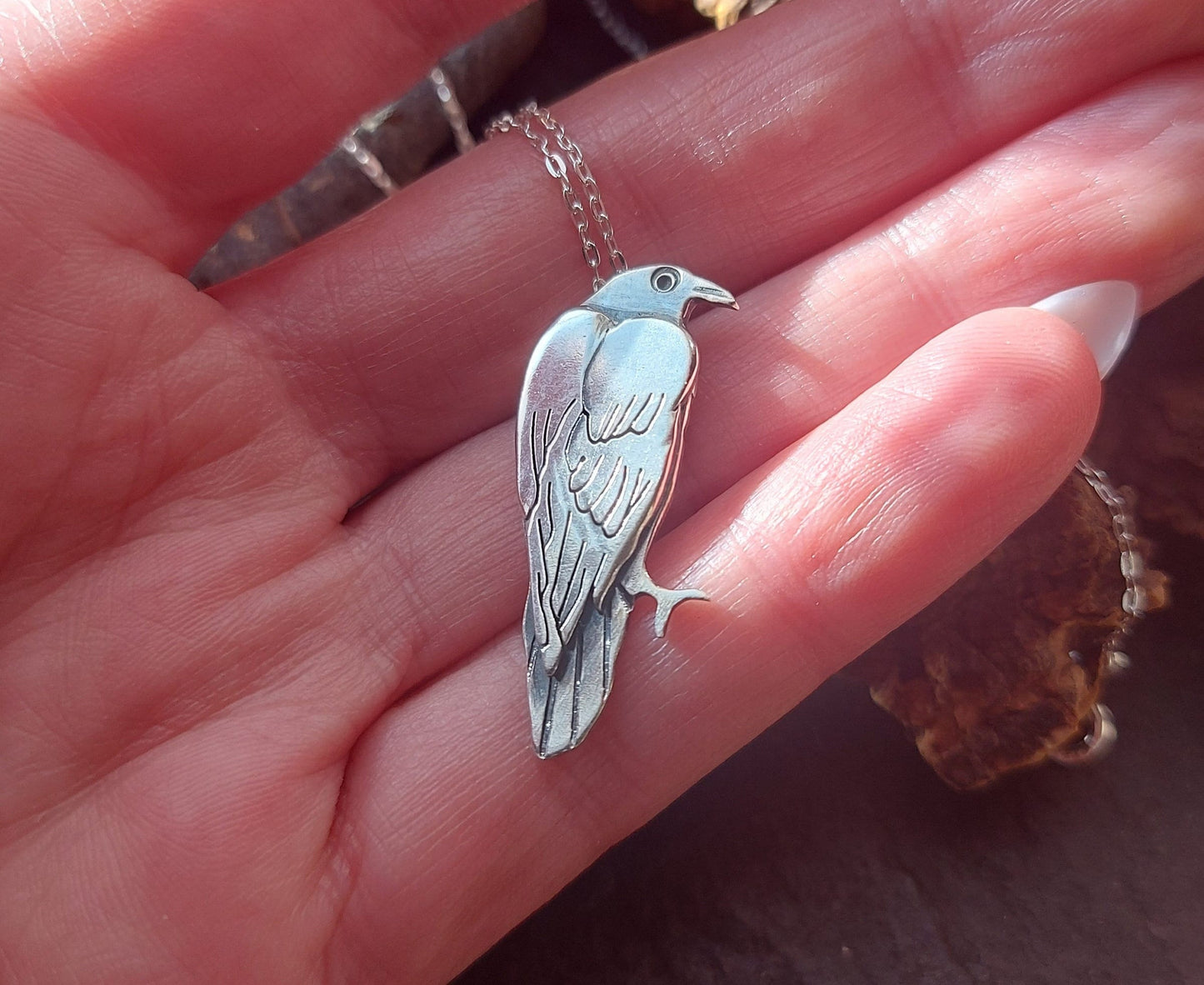 Silver small raven / crow necklace, sterling  bird necklace with sawn and stamped details