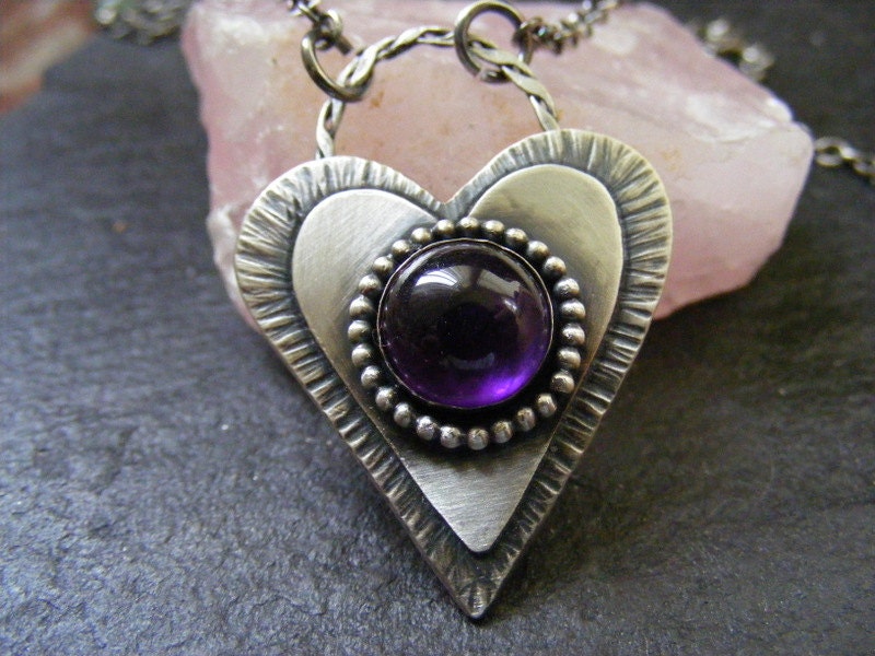 Silver Heart Amethyst pendant necklace Rustic silver heart