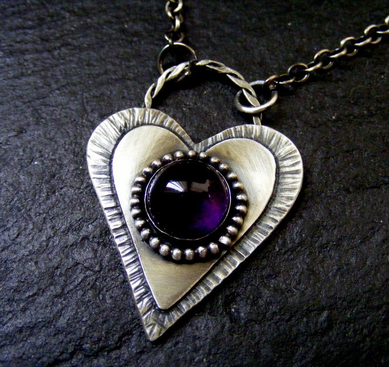 Silver Heart Amethyst pendant necklace Rustic silver heart