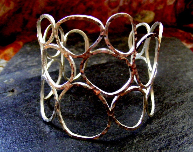 Silver Wide Cuff hammered Circles  silver bracelet