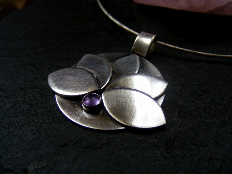 Silver Lotus Flower Amethyst  Pendant necklace with Sterling Silver Choker Wire Water lily pendant