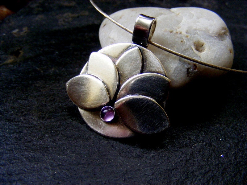 Silver Lotus Flower Amethyst  Pendant necklace with Sterling Silver Choker Wire Water lily pendant