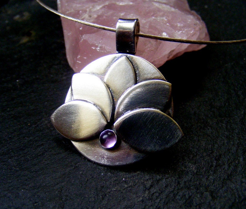 Silver Lotus Flower Amethyst  Pendant necklace with Sterling Silver Choker Wire Water lily pendant