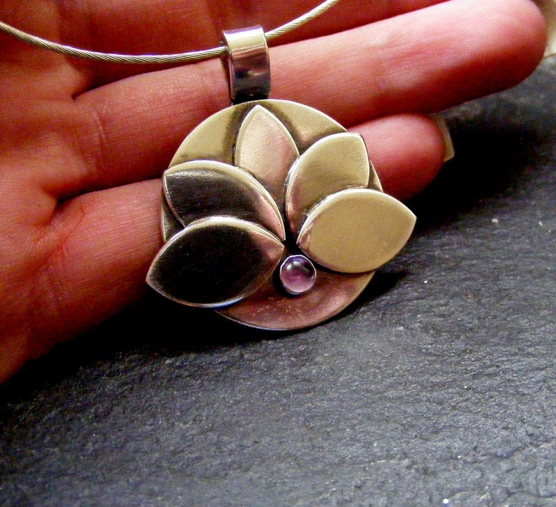 Silver Lotus Flower Amethyst  Pendant necklace with Sterling Silver Choker Wire Water lily pendant