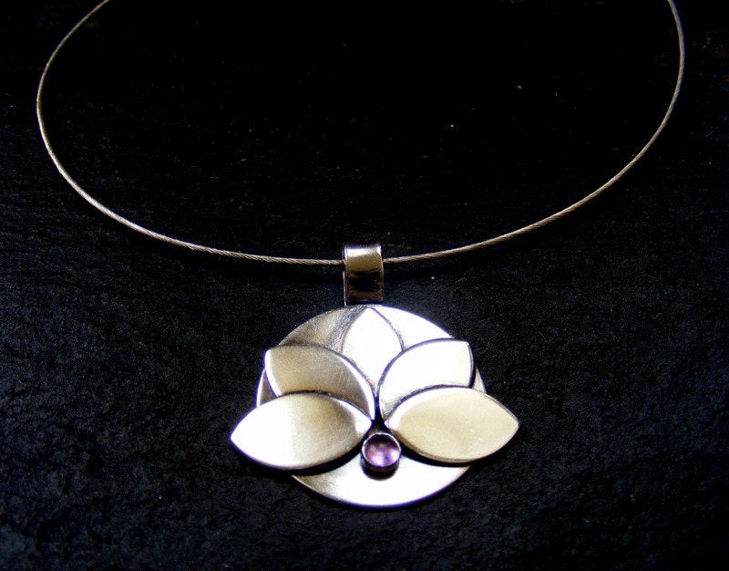 Silver Lotus Flower Amethyst  Pendant necklace with Sterling Silver Choker Wire Water lily pendant