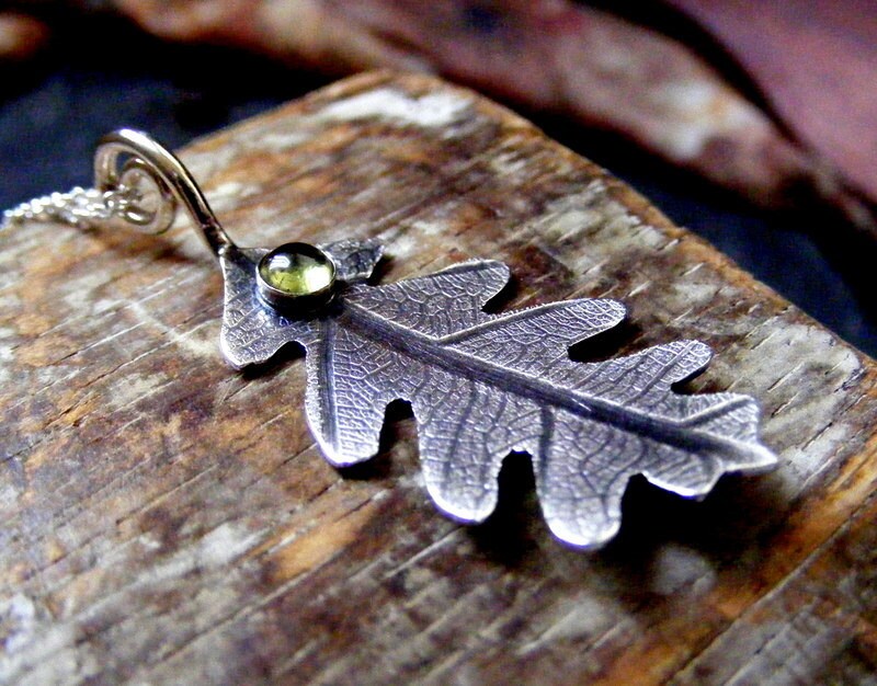 Silver Oak Leaf with peridot Necklace  Delicate oak leaf Pendant green gemstone