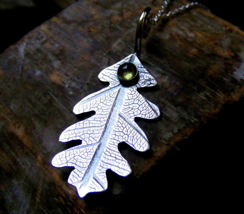 Silver Oak Leaf with peridot Necklace  Delicate oak leaf Pendant green gemstone
