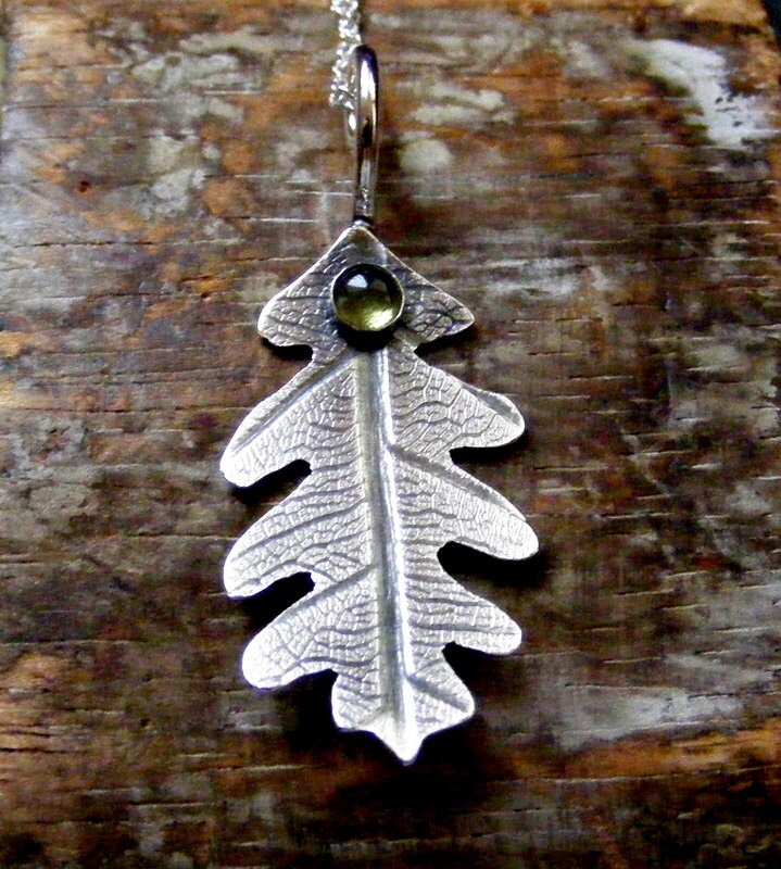 Silver Oak Leaf with peridot Necklace  Delicate oak leaf Pendant green gemstone