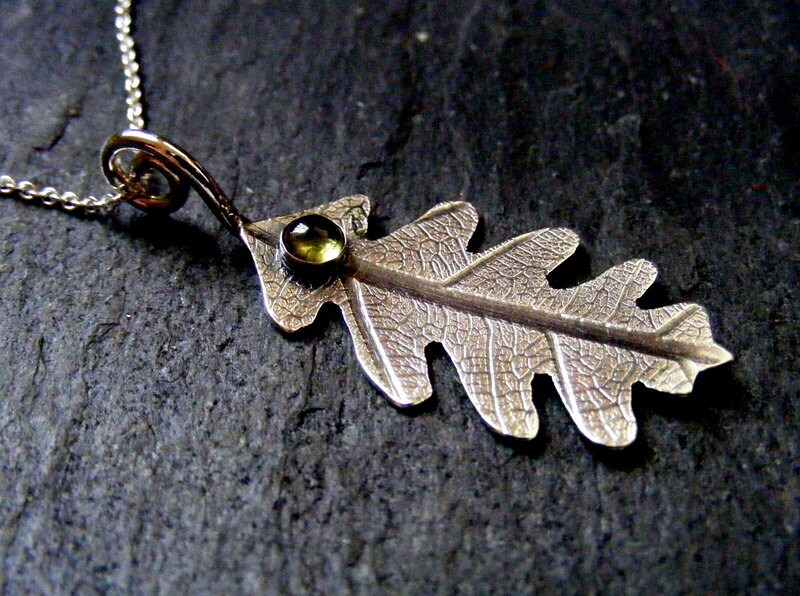 Silver Oak Leaf with peridot Necklace  Delicate oak leaf Pendant green gemstone