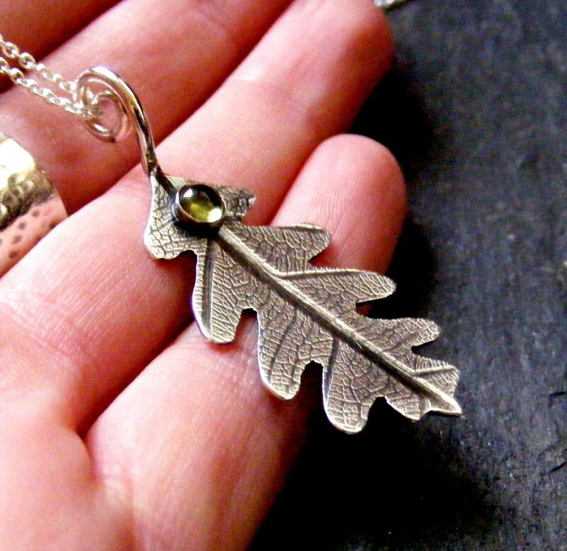 Silver Oak Leaf with peridot Necklace  Delicate oak leaf Pendant green gemstone