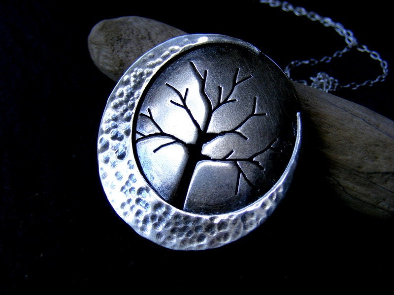 Silver Large Crescent Moon Tree pendant with hammered detail and silver trace chain
