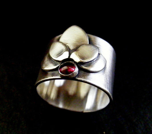 Silver Lotus Ring with Garnet Gemstone Flower statement ring with precious stone