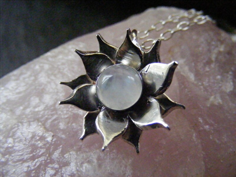 Silver Lotus Flower Moonstone Pendant necklace with Sterling cable chain