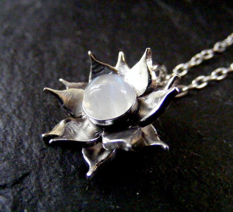 Silver Lotus Flower Moonstone Pendant necklace with Sterling cable chain
