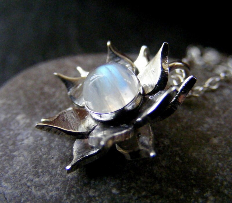 Silver Lotus Flower Moonstone Pendant necklace with Sterling cable chain
