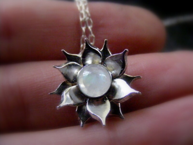 Silver Lotus Flower Moonstone Pendant necklace with Sterling cable chain