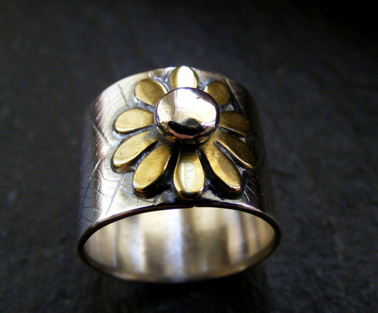 Silver Leaf textured flower ring ,brass and silver  Sterling Statement nature ring